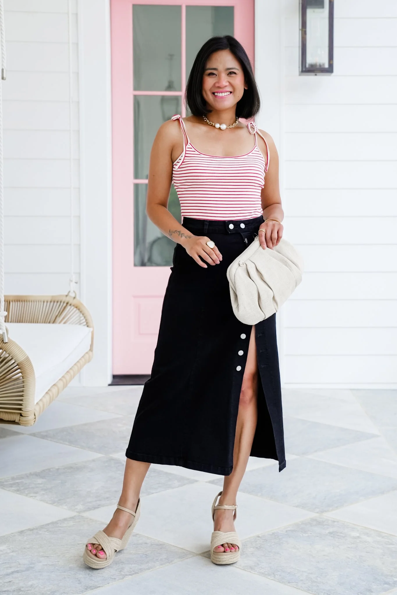 Stripe Sleeveless Shoulder Tie Bodysuit - Image 7
