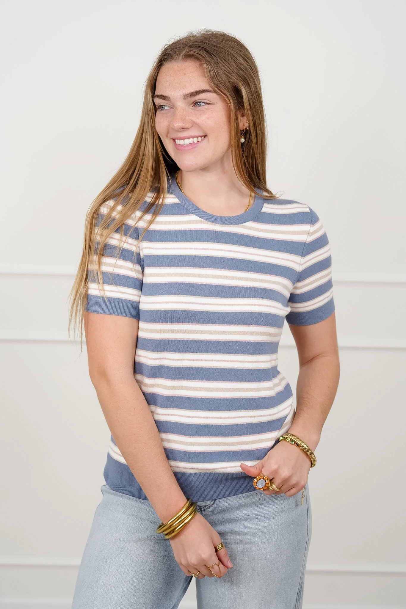 Striped Short Sleeve Round Neck Sweater Top - Image 4