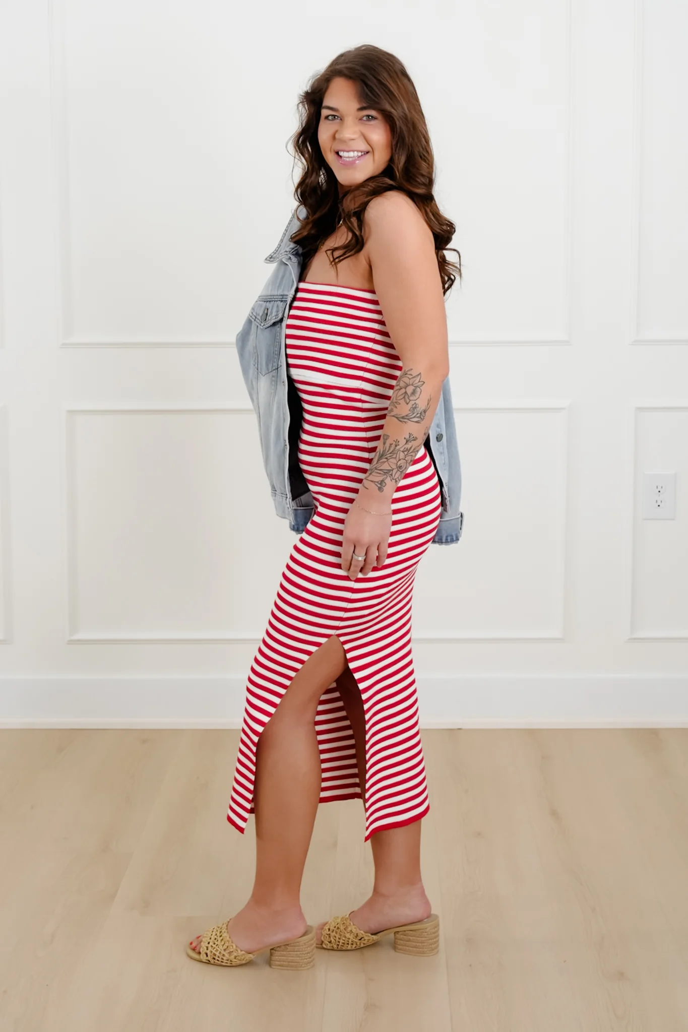 Striped Strapless Bodycon Midi Dress - Image 4