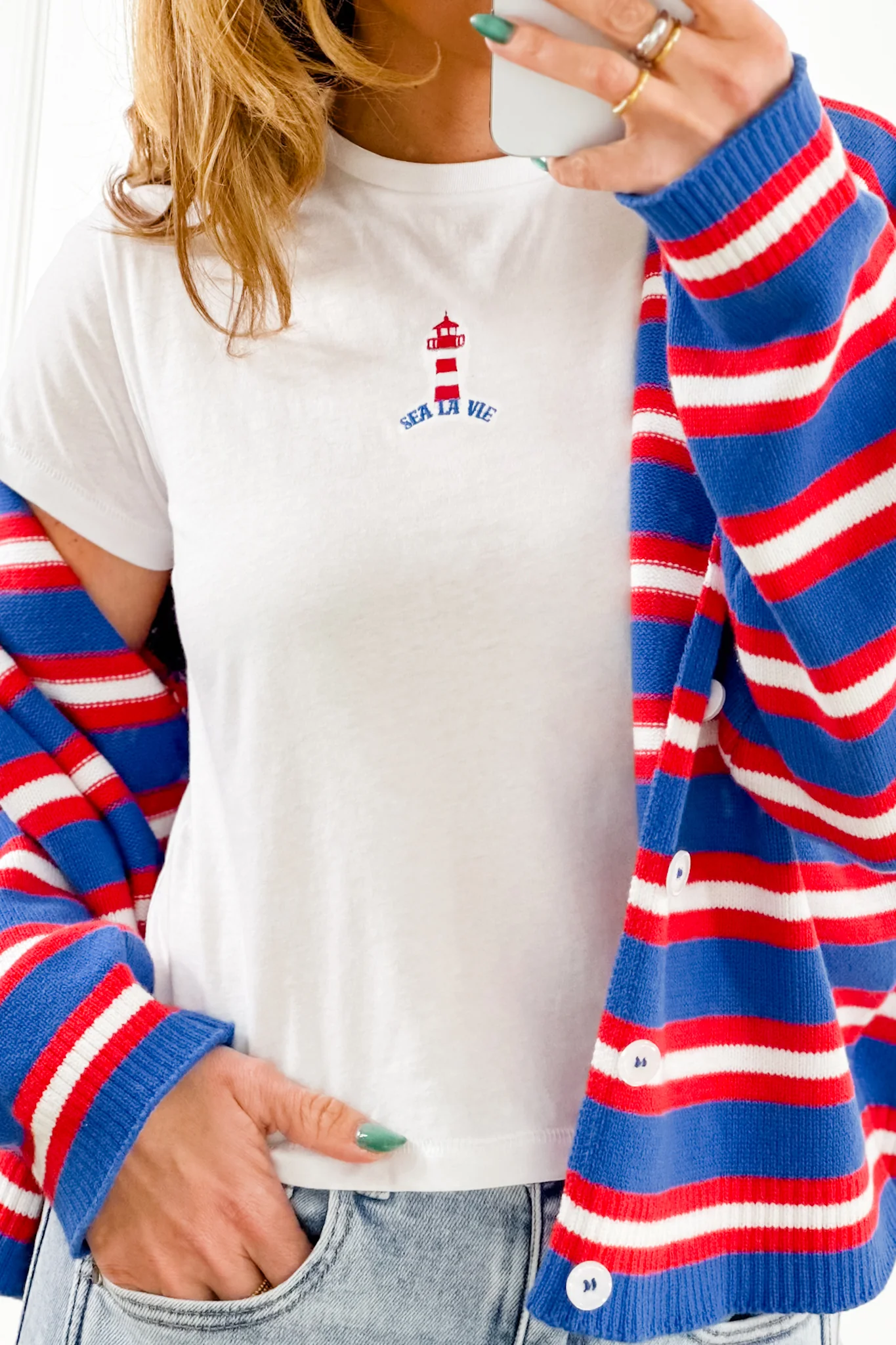 White Short Sleeve Embroidered Lighthouse Top - Image 3