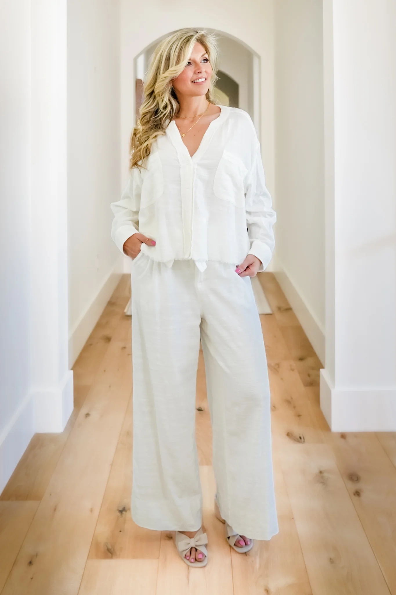 Woven Long Sleeve Button Down Top with Lace Trim - Image 8