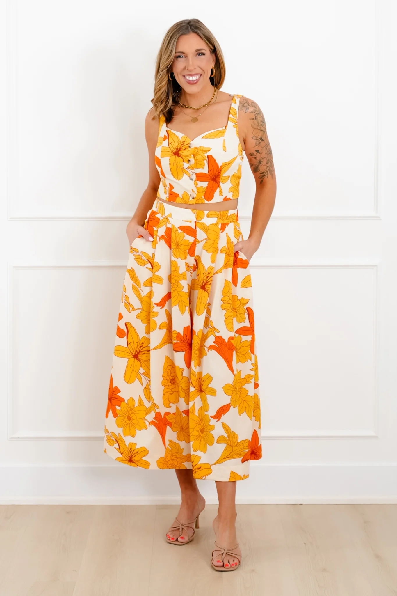 Yellow Floral Print Top and Pants Set