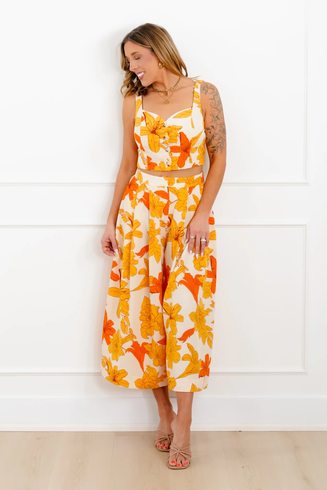 Yellow Floral Print Top and Pants Set - Image 6