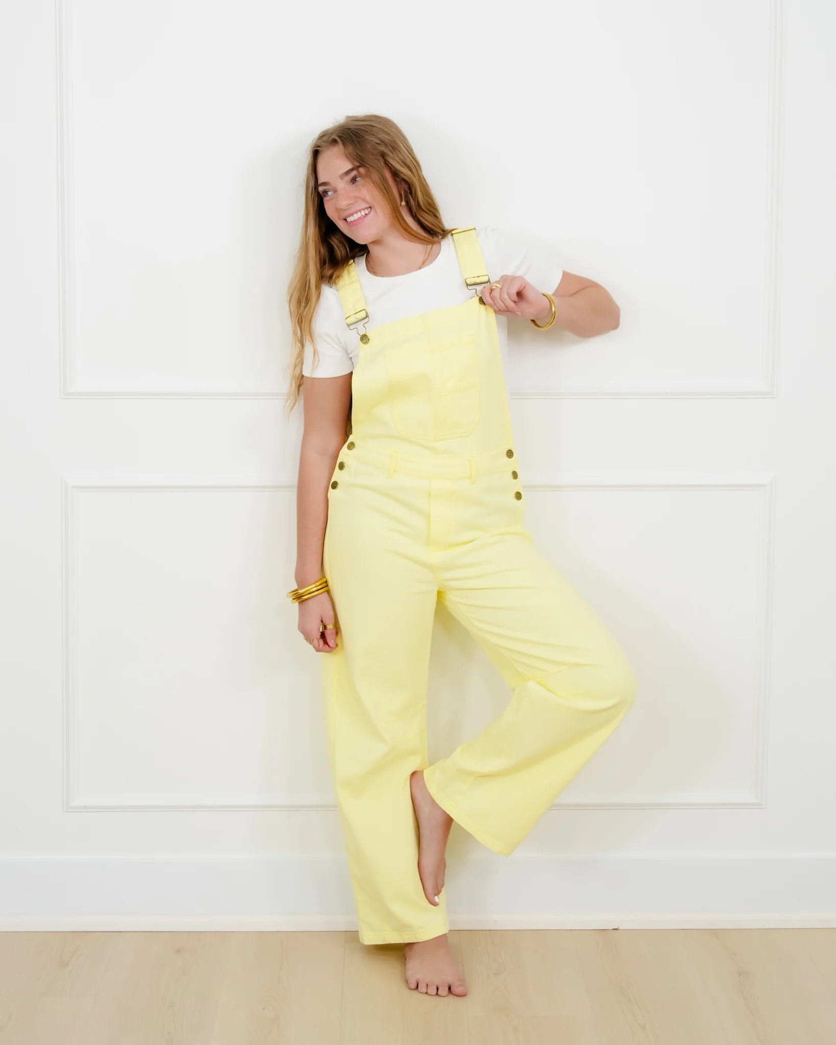 Yellow Washed Twill Barrel Leg Overalls
